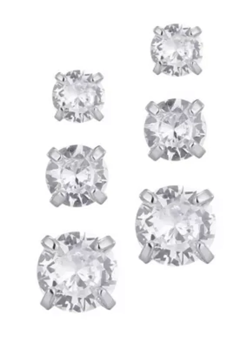 Silver Plated 3-Solitaire CZ Stud Earring Set