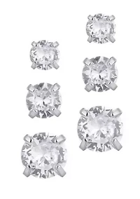 Silver Plated 3-Solitaire CZ Stud Earring Set