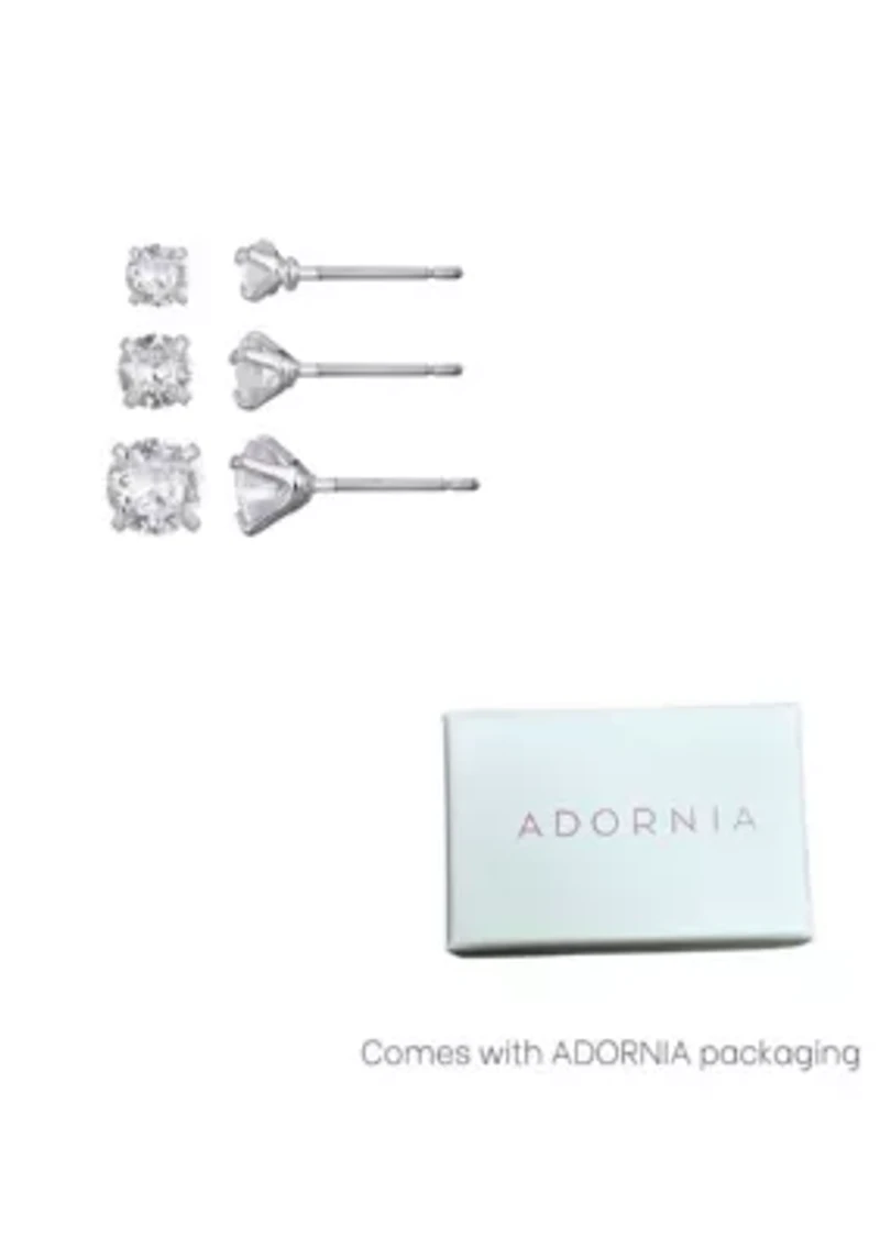 Silver Plated 3-Solitaire CZ Stud Earring Set