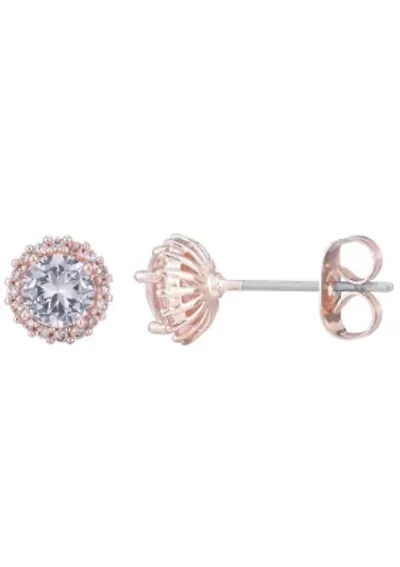 14k Rose Gold Plated Halo CZ Stud Earrings