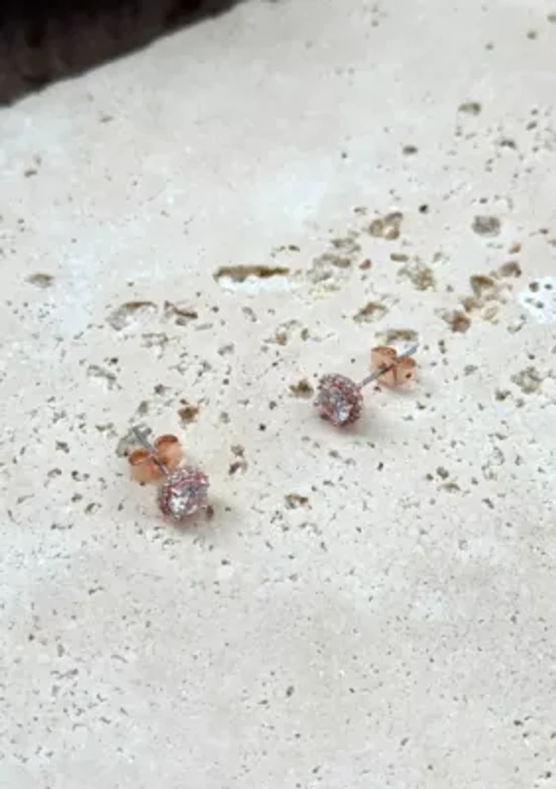 14k Rose Gold Plated Halo CZ Stud Earrings