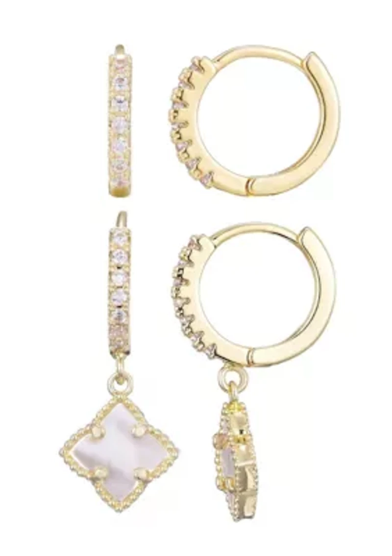 14k Gold Plated White Mother of Pearl Clover CZ Huggie Set