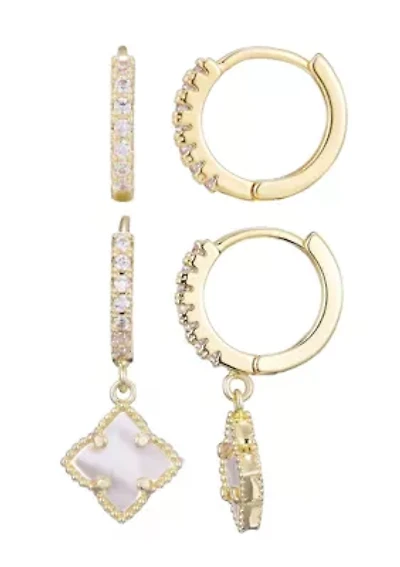 14k Gold Plated White Mother of Pearl Clover CZ Huggie Set