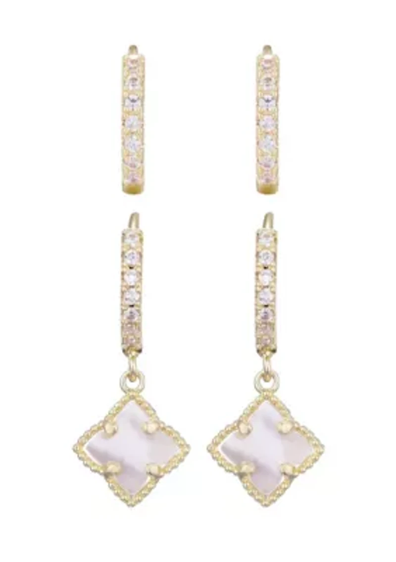 14k Gold Plated White Mother of Pearl Clover CZ Huggie Set