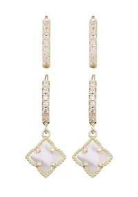 14k Gold Plated White Mother of Pearl Clover CZ Huggie Set