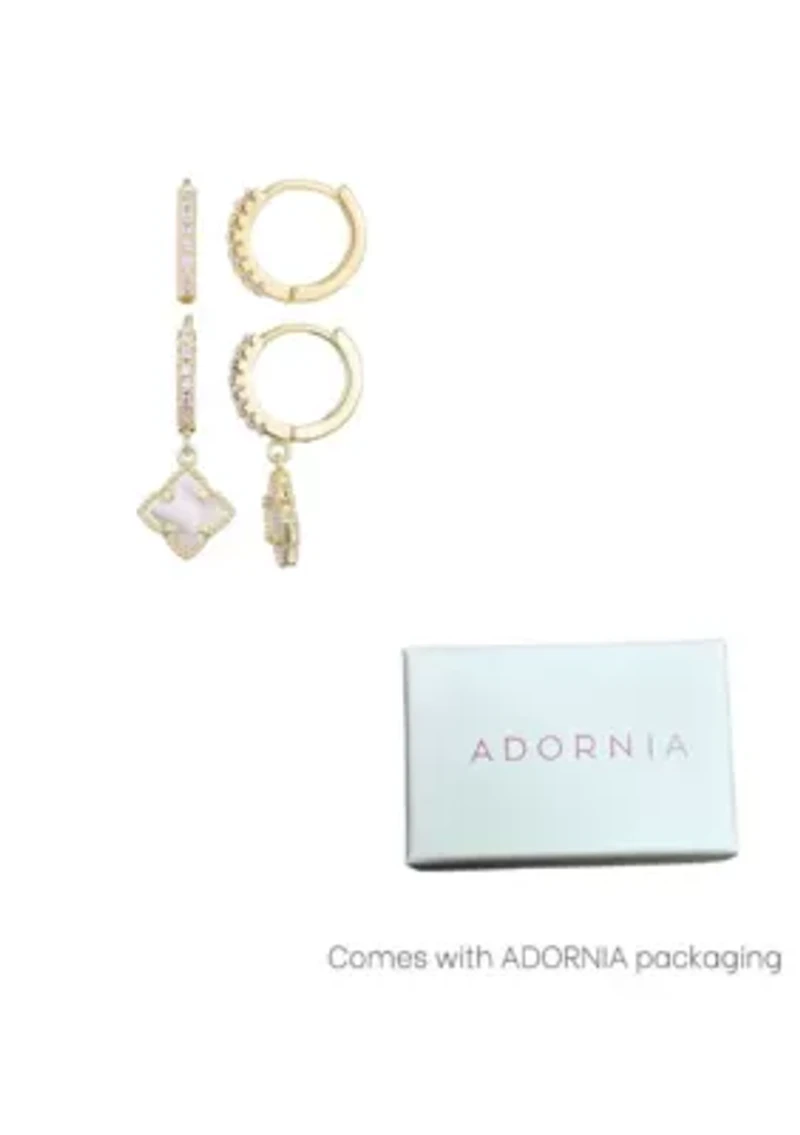 14k Gold Plated White Mother of Pearl Clover CZ Huggie Set