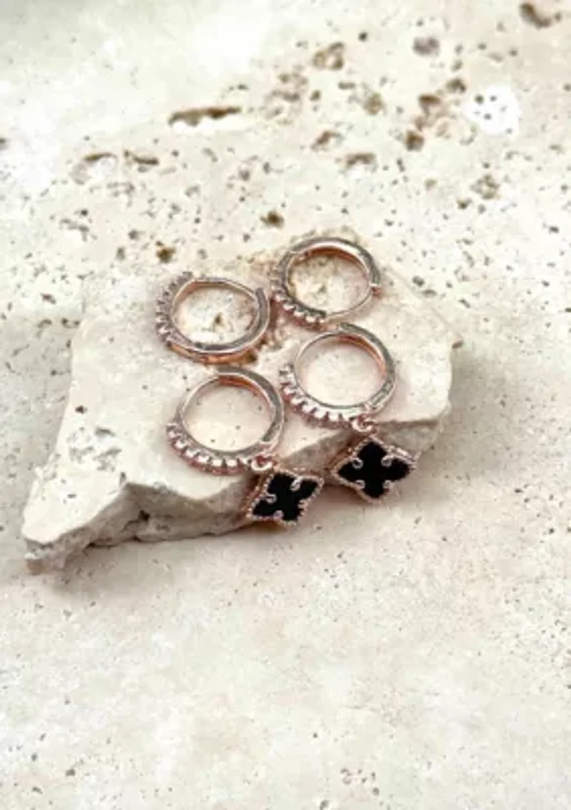 14k Rose Gold Plated Black Clover CZ Huggie Set