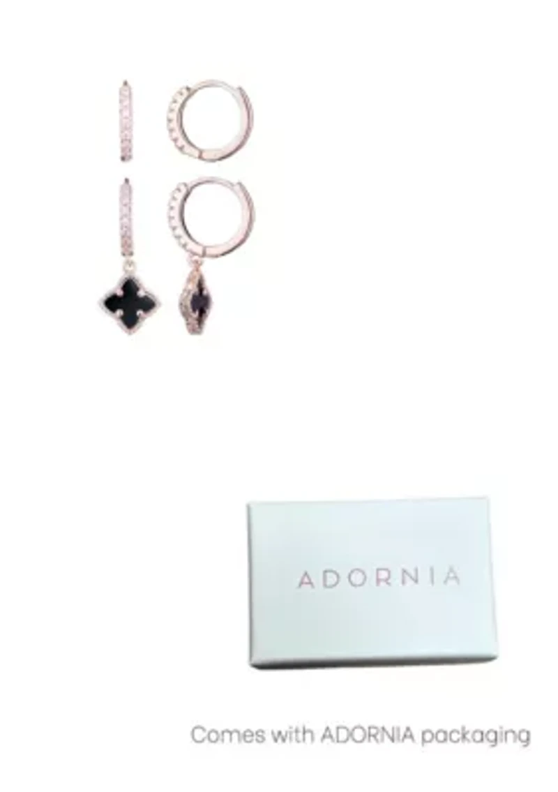 14k Rose Gold Plated Black Clover CZ Huggie Set