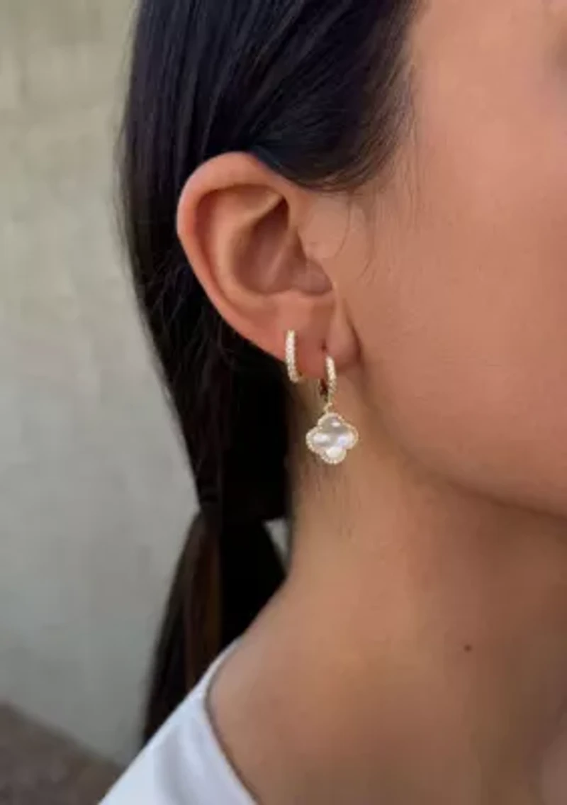 14k Gold Plated Halo White Mother of Pearl Clover CZ Huggie Set