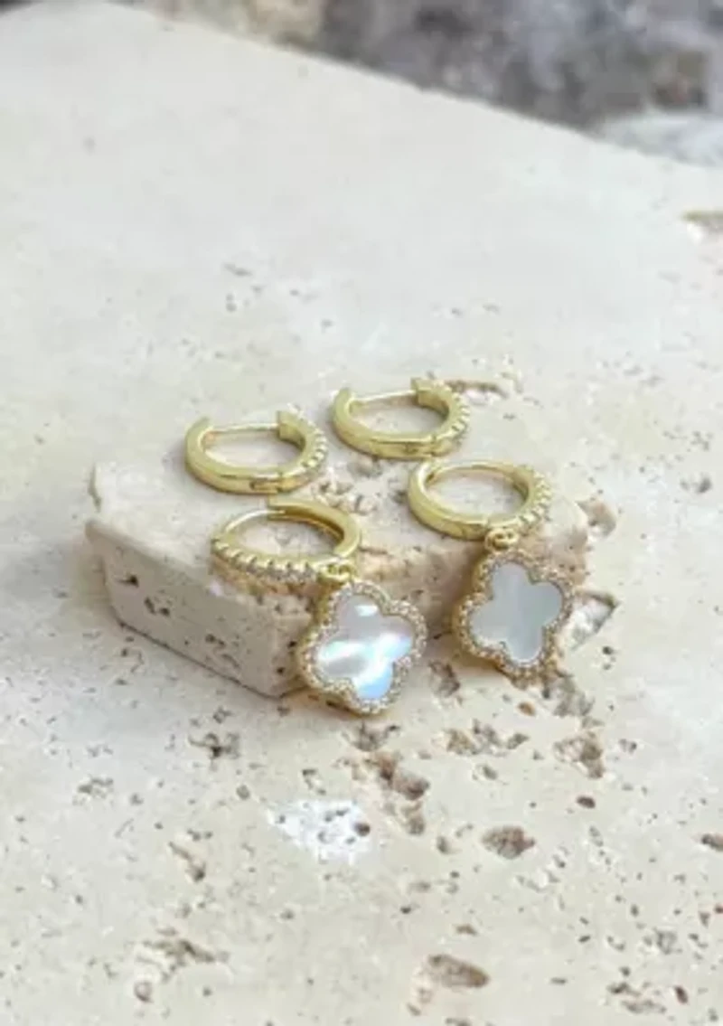 14k Gold Plated Halo White Mother of Pearl Clover CZ Huggie Set