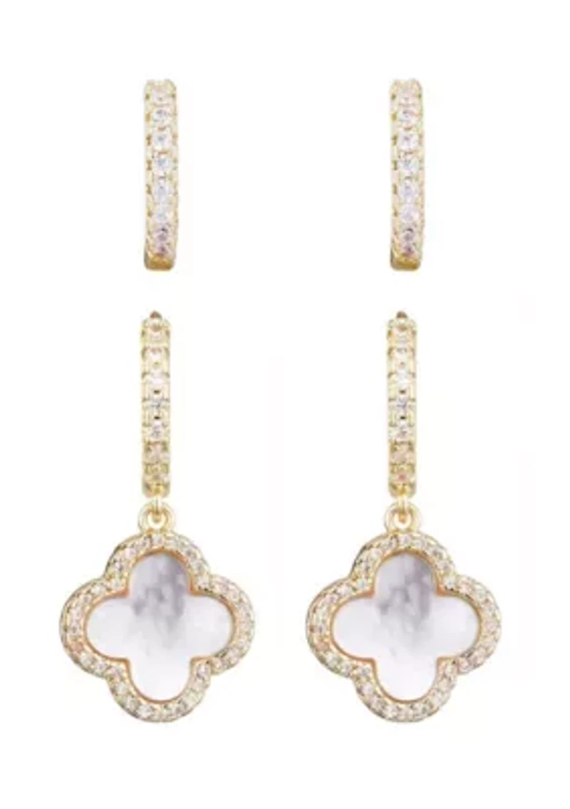 14k Gold Plated Halo White Mother of Pearl Clover CZ Huggie Set