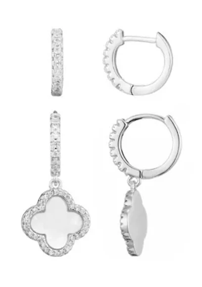 Silver Plated Halo White Mother of Pearl Clover CZ Huggie Set