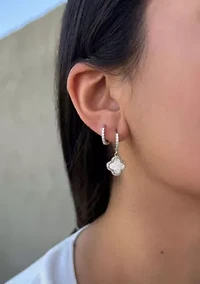 Silver Plated Halo White Mother of Pearl Clover CZ Huggie Set