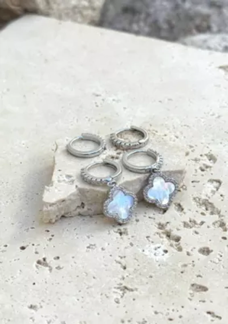Silver Plated Halo White Mother of Pearl Clover CZ Huggie Set