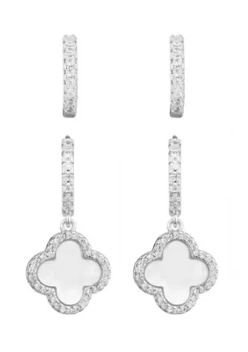 Silver Plated Halo White Mother of Pearl Clover CZ Huggie Set