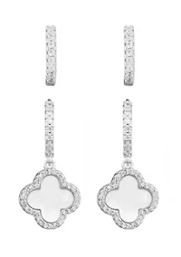 Silver Plated Halo White Mother of Pearl Clover CZ Huggie Set