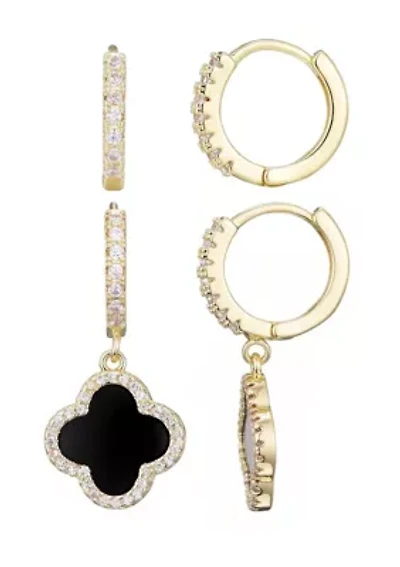 14k Gold Plated Halo Black Clover CZ Huggie Set