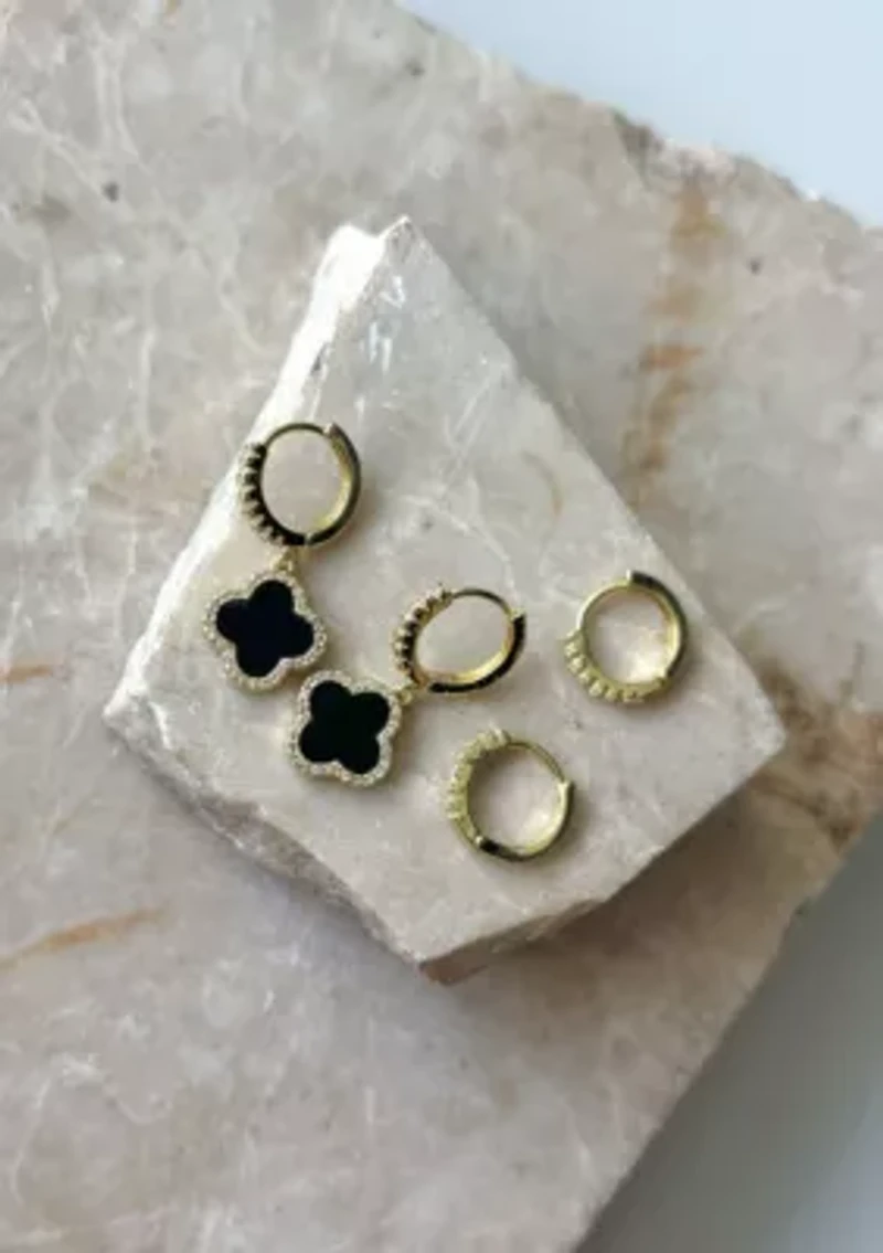 14k Gold Plated Halo Black Clover CZ Huggie Set