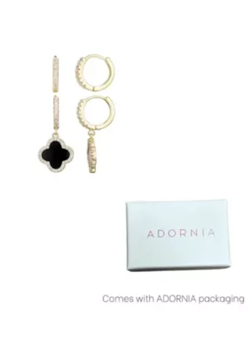 14k Gold Plated Halo Black Clover CZ Huggie Set