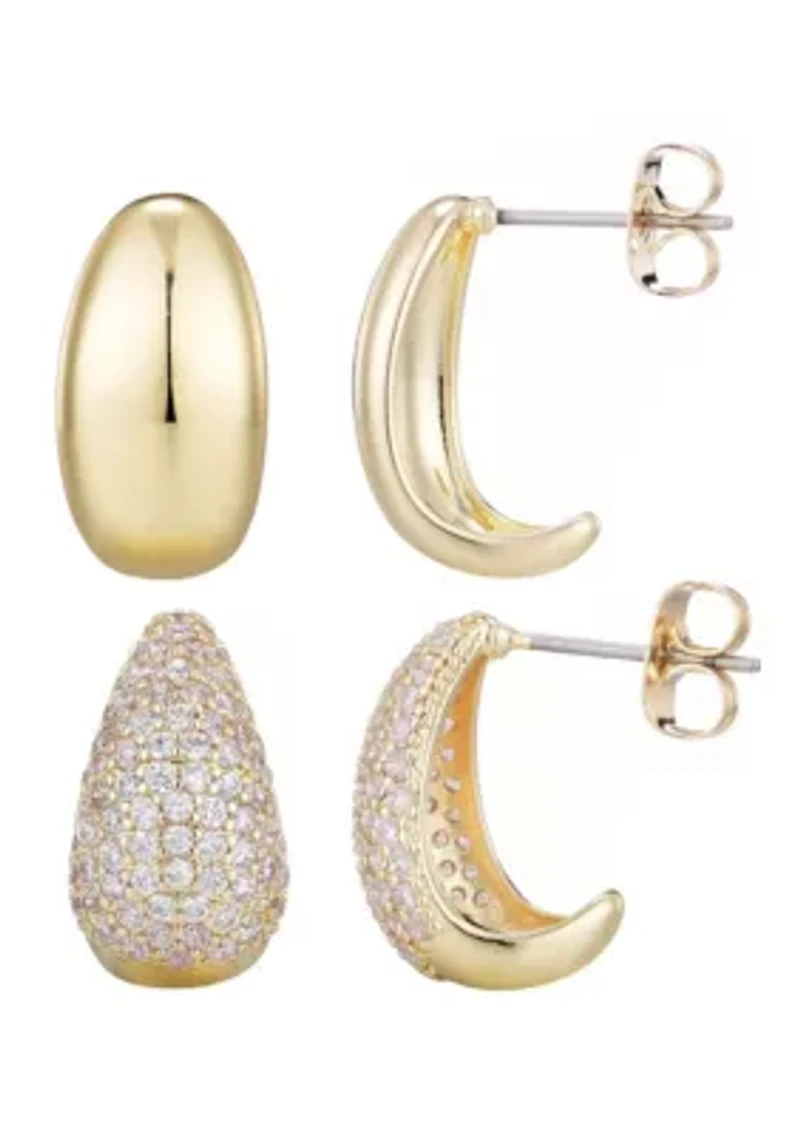 14k Gold Plated Crystal and Plain Chunky Hoop Set