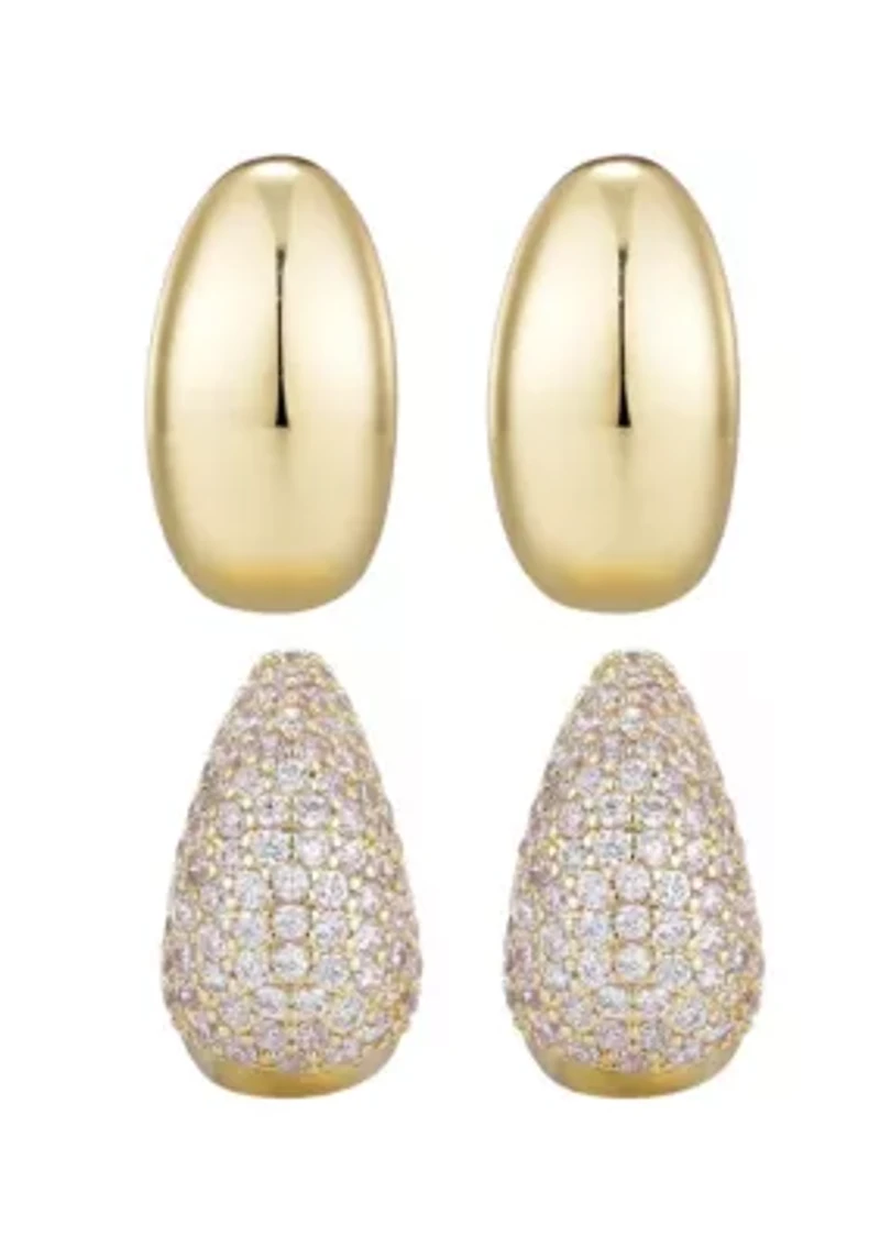 14k Gold Plated Crystal and Plain Chunky Hoop Set