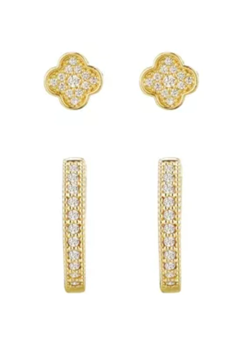 14k Gold Plated CZ Huggie and Clover Stud Set