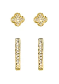 14k Gold Plated CZ Huggie and Clover Stud Set