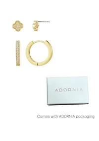 14k Gold Plated CZ Huggie and Clover Stud Set