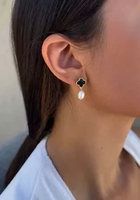 14k Gold Plated Black Clover and Freshwater Pearl Drop Earrings
