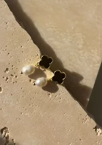 14k Gold Plated Black Clover and Freshwater Pearl Drop Earrings
