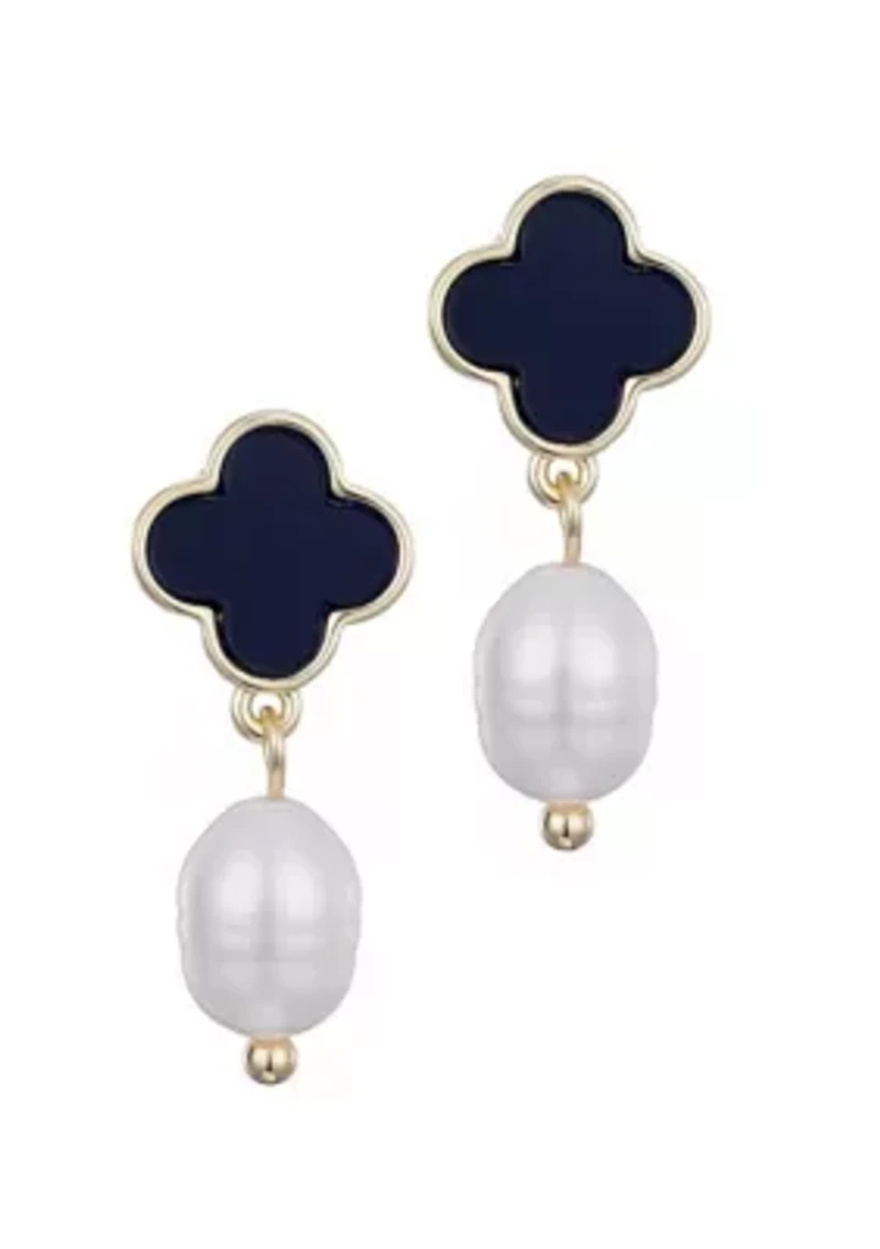 14k Gold Plated Black Clover and Freshwater Pearl Drop Earrings