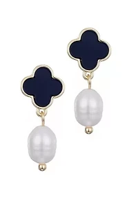 14k Gold Plated Black Clover and Freshwater Pearl Drop Earrings