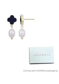 14k Gold Plated Black Clover and Freshwater Pearl Drop Earrings