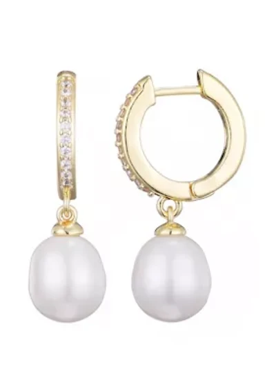 14k Gold Plated CZ Huggie Hoop Earrings with Freshwater Pearl Drop