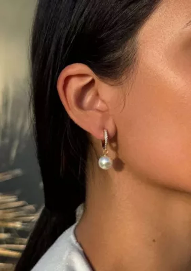 14k Gold Plated CZ Huggie Hoop Earrings with Freshwater Pearl Drop