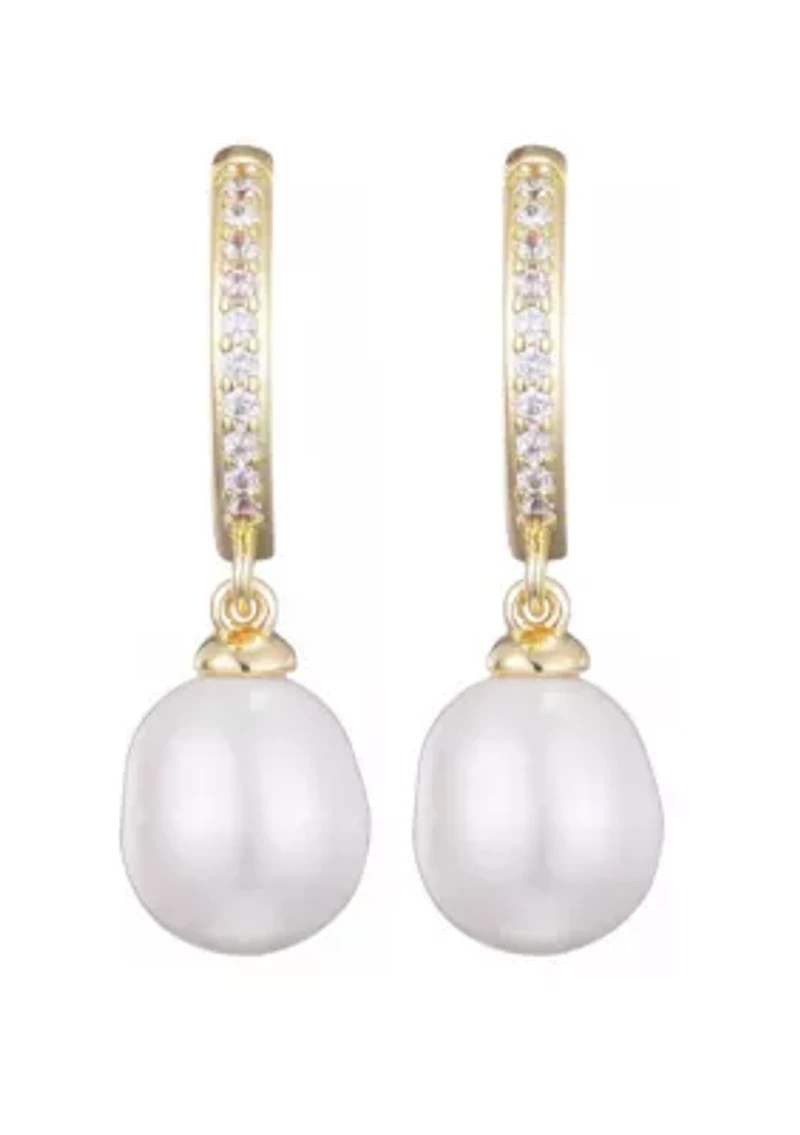 14k Gold Plated CZ Huggie Hoop Earrings with Freshwater Pearl Drop
