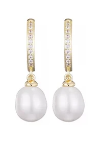 14k Gold Plated CZ Huggie Hoop Earrings with Freshwater Pearl Drop