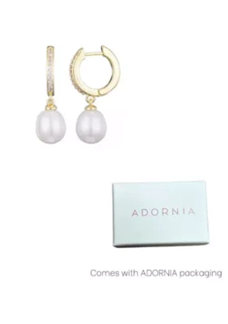 14k Gold Plated CZ Huggie Hoop Earrings with Freshwater Pearl Drop