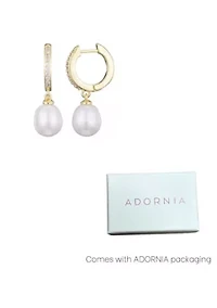 14k Gold Plated CZ Huggie Hoop Earrings with Freshwater Pearl Drop