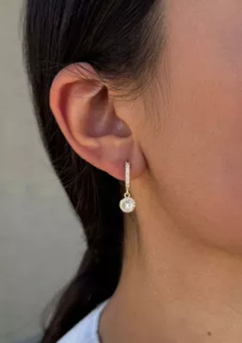 14k Gold Plated CZ Halo Drop Huggie Hoop Earrings