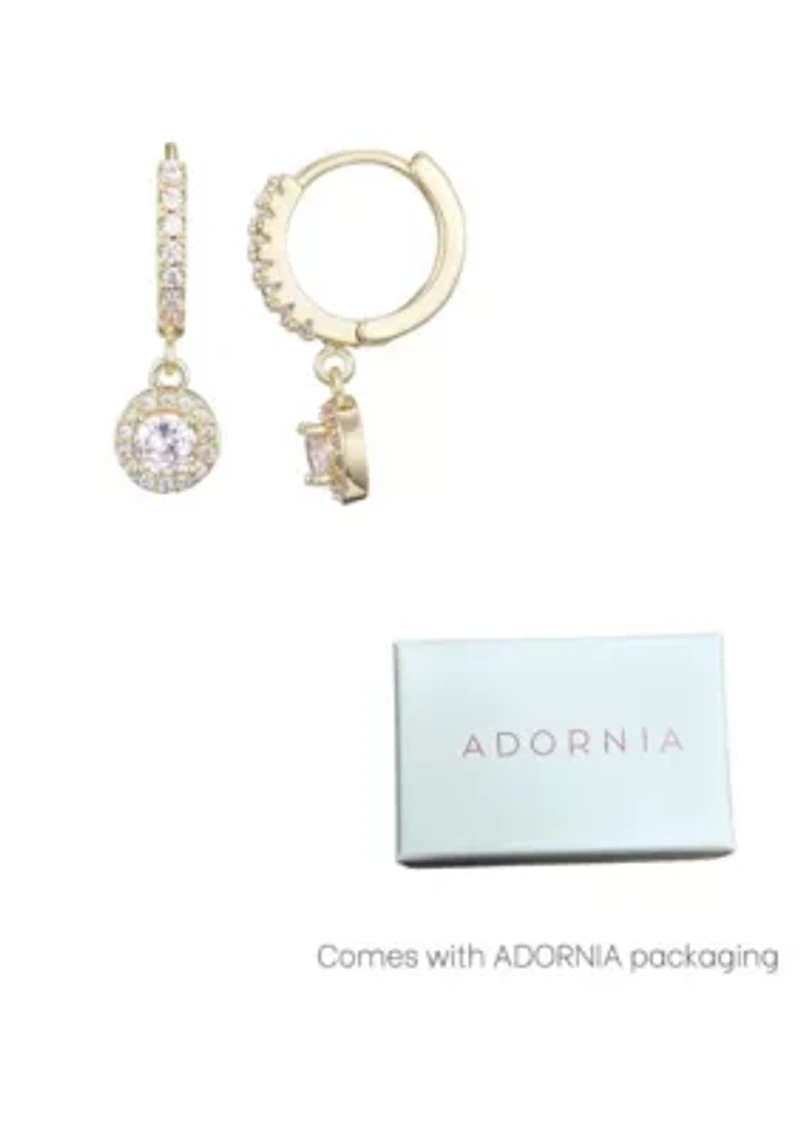 14k Gold Plated CZ Halo Drop Huggie Hoop Earrings