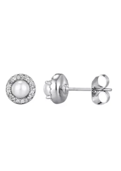 Silver Plated Freshwater Pearl CZ Halo Stud Earrings