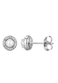 Silver Plated Freshwater Pearl CZ Halo Stud Earrings