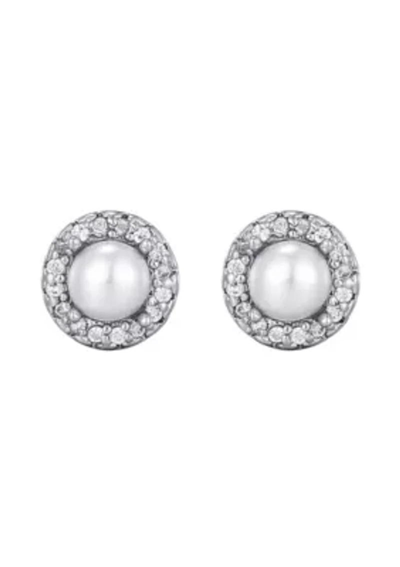 Silver Plated Freshwater Pearl CZ Halo Stud Earrings