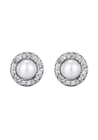 Silver Plated Freshwater Pearl CZ Halo Stud Earrings