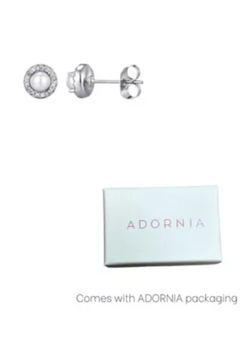 Silver Plated Freshwater Pearl CZ Halo Stud Earrings