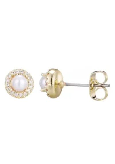 14k Gold Plated Freshwater Pearl CZ Halo Stud Earrings