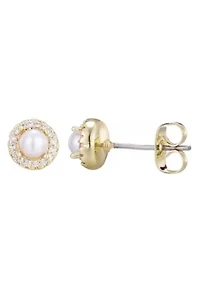 14k Gold Plated Freshwater Pearl CZ Halo Stud Earrings