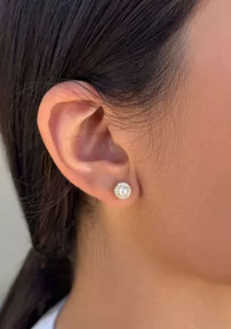 14k Gold Plated Freshwater Pearl CZ Halo Stud Earrings