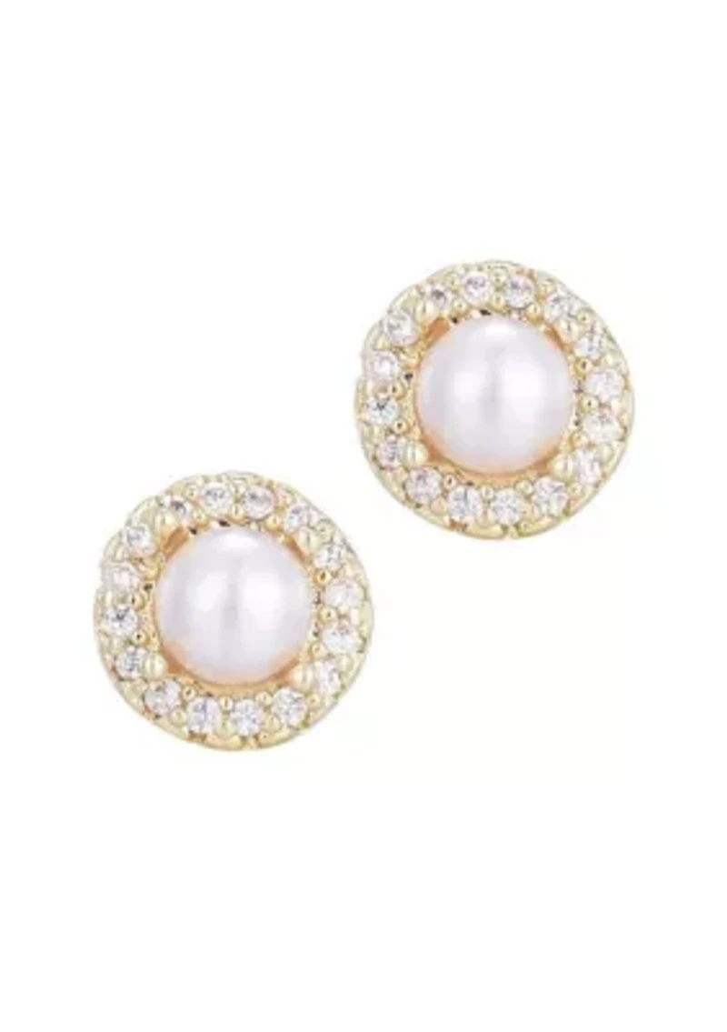 14k Gold Plated Freshwater Pearl CZ Halo Stud Earrings
